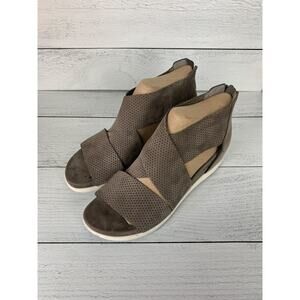 Eileen Fisher Women's 9 Grey Gray Leather Zip Heel Perforated Wedges Shoe Sandal